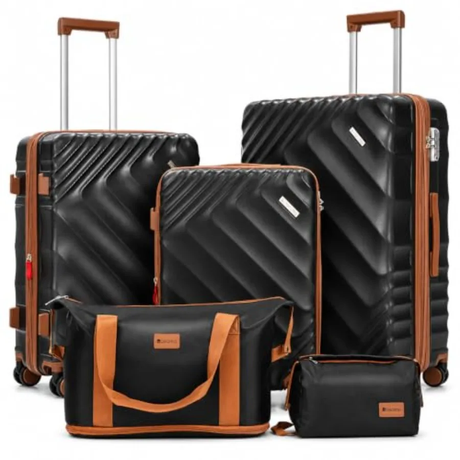 Expandable Hard Shell Luggage Set - 旅行用5点セットのハードシェル拡張式スーツケース。ポリカーボネート製、ブラック。TSAロック付きで、航空会社の機内持ち込み規定に準拠。360Whバッテリー内蔵。