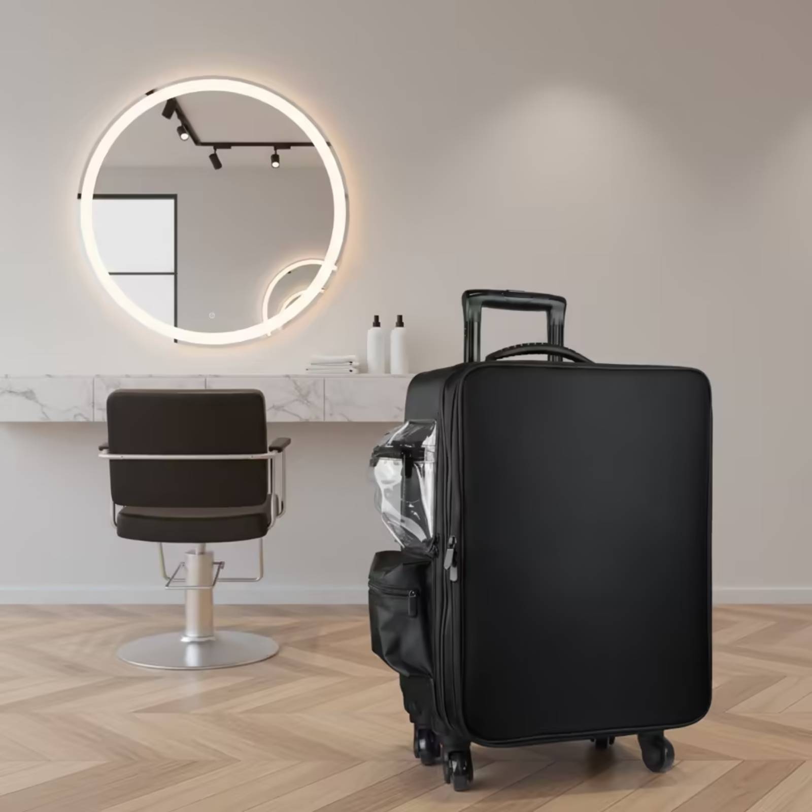 Backpacks - 回転ホイール付きハードケース型メイクアップケース、多機能コンパートメント付きジッパー式化粧品トロリー