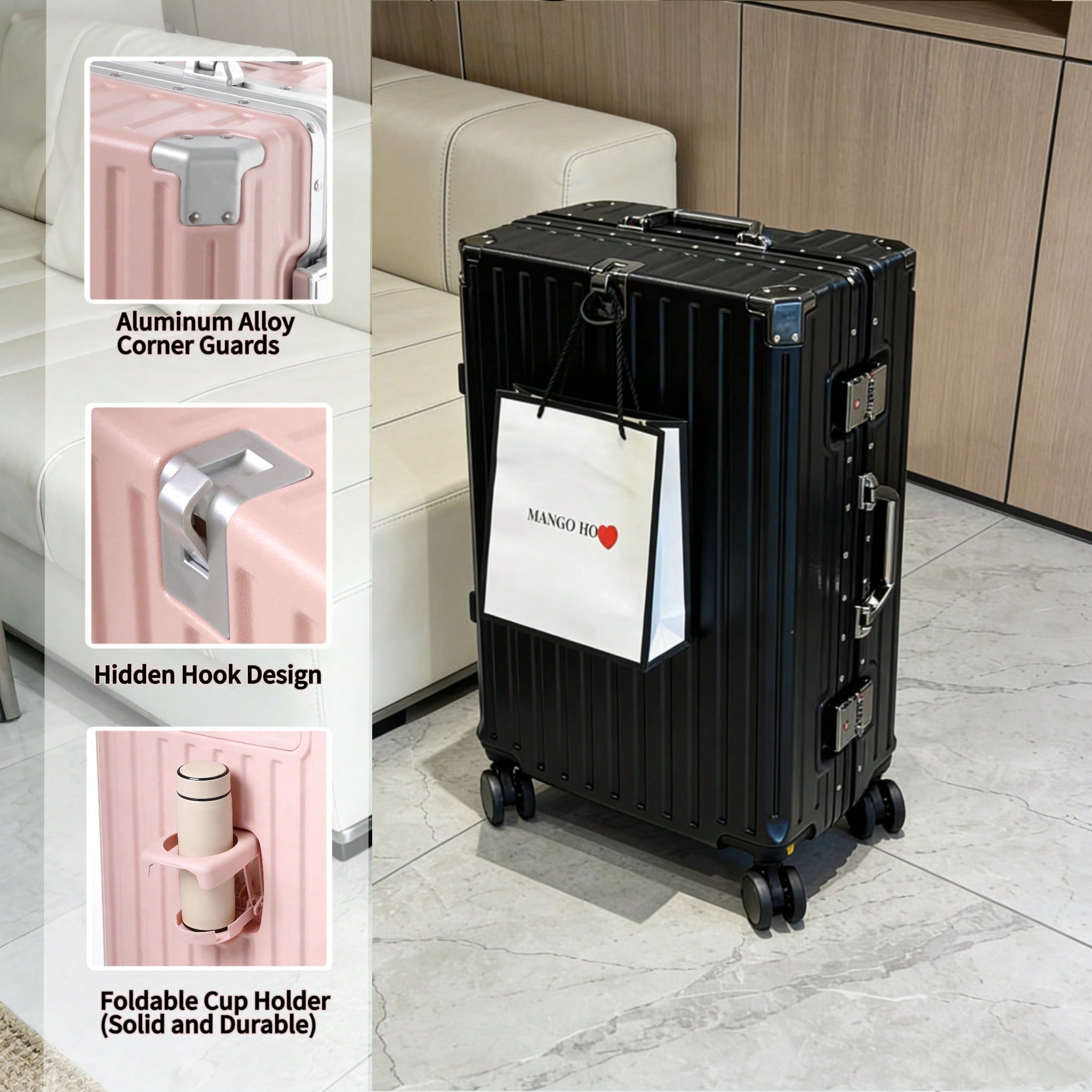 Aluminum Frame Carry On Luggage - 20インチ機内持ち込み可能スーツケース、航空会社承認済み、PCハードシェル、アルミフレーム、スピナーホイール、内蔵カップホルダー、旅行用スーツケース